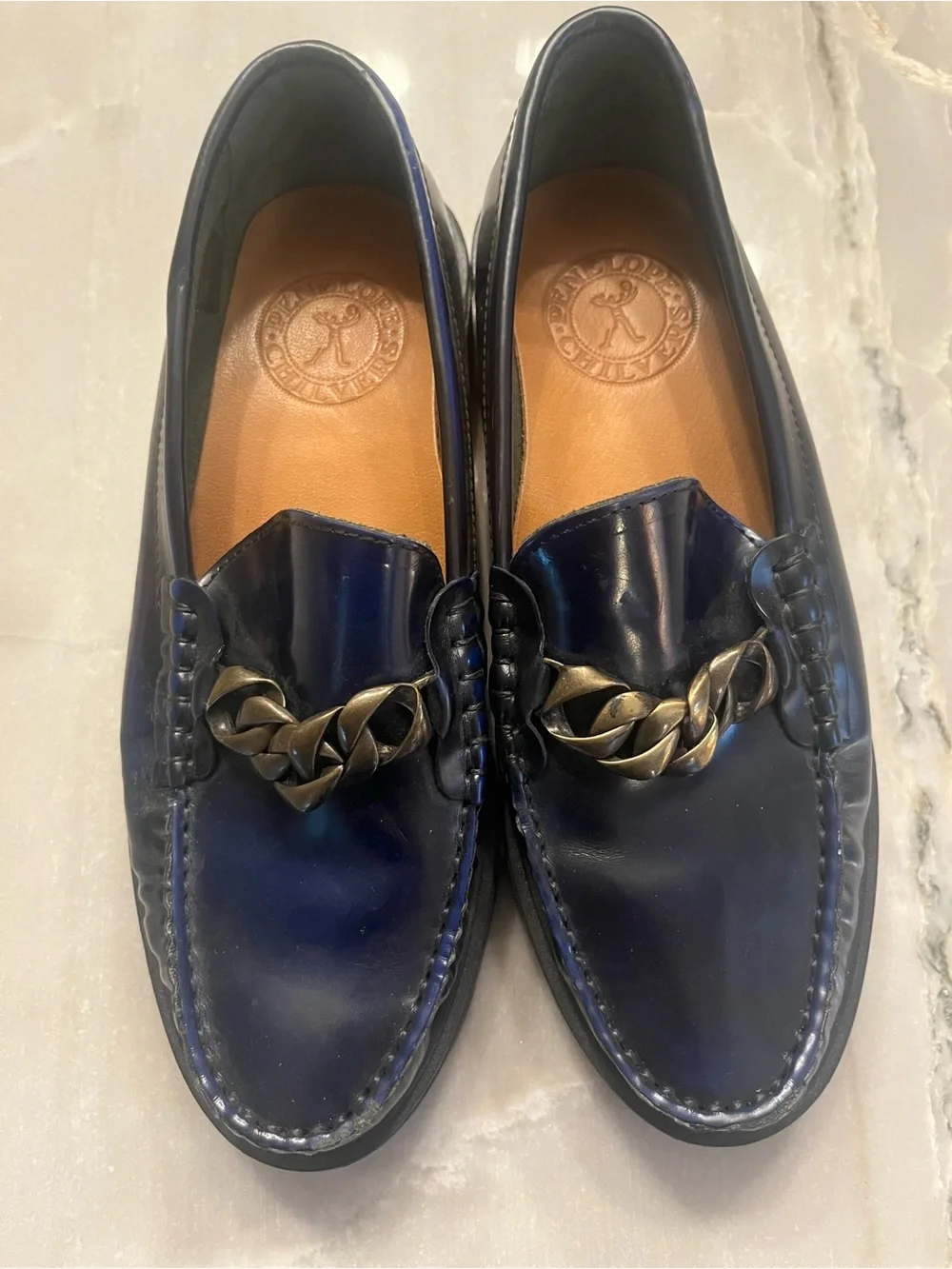 Penelope Chilvers Navy Patent Leather Chain-Trim Loafers